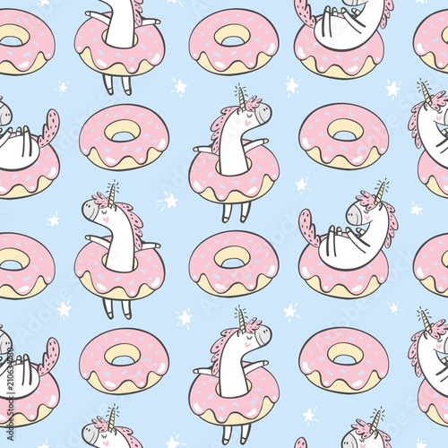 Vector seamless pattern with cute unicorn and donuts