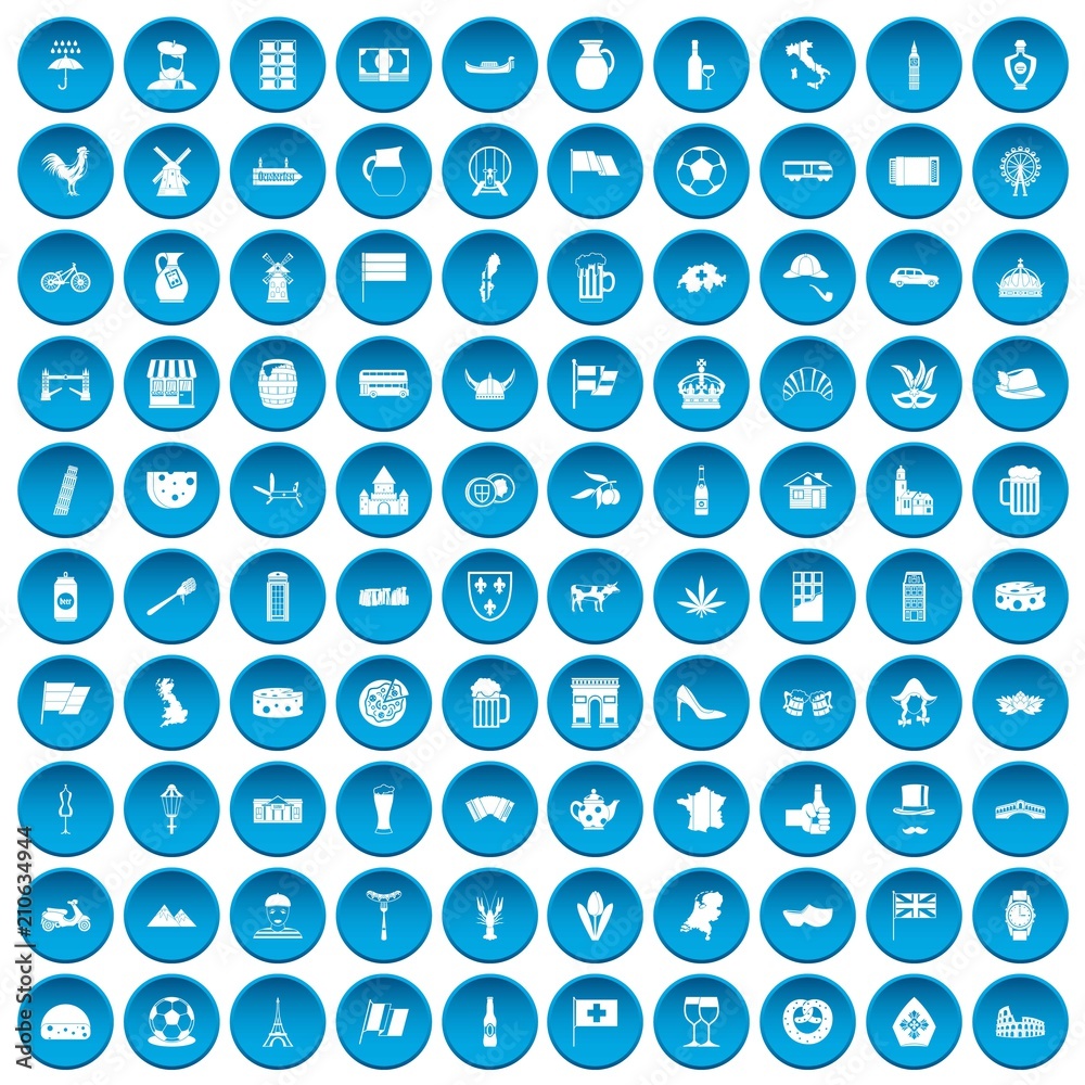 100 europe countries icons set in blue circle isolated on white vector illustration