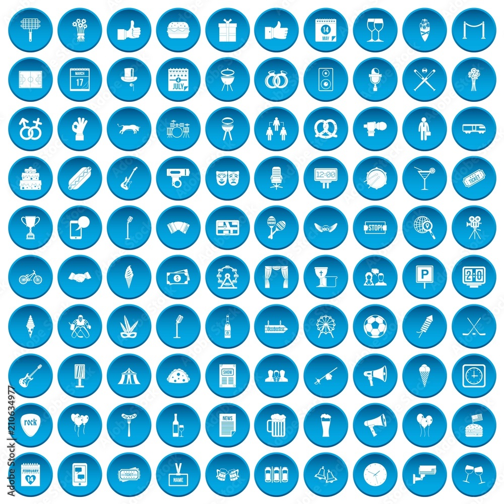 100 events icons set in blue circle isolated on white vector illustration 100 events icons set in blue circle isolated on white vector illustration