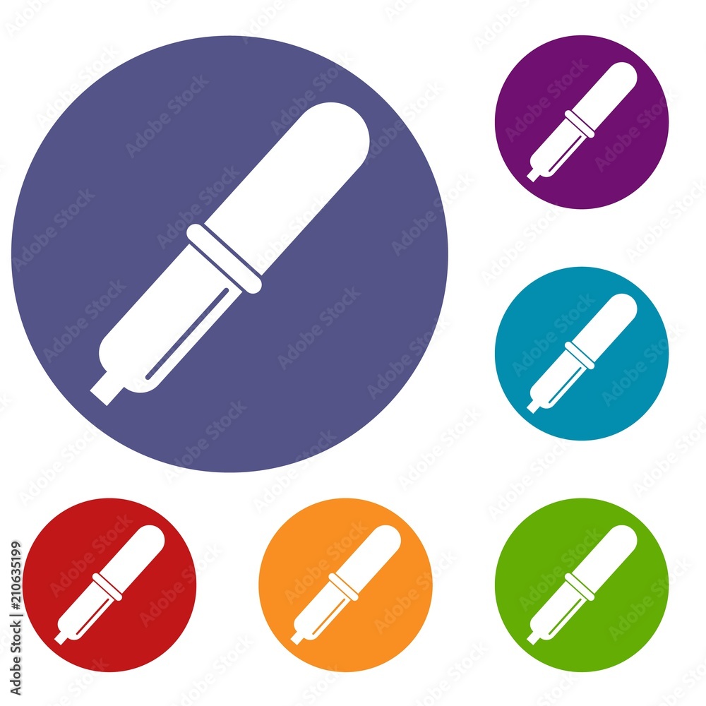 Pipette icons set in flat circle red, blue and green color for web Pipette icons set in flat circle red, blue and green color for web