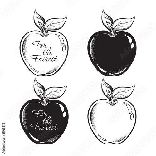 Apple of discord line art and dot work hand drawn set , ancient greek mythology, gift to a goddesses For the Fairest. Boho sticker, print or blackwork flash tattoo art design vector illustration.