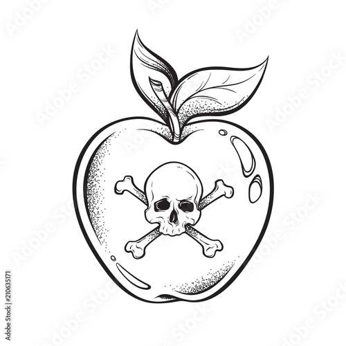 Poison apple line art and dot work hand drawn vector illustration. Boho style sticker, patch, print or blackwork flash tattoo design.