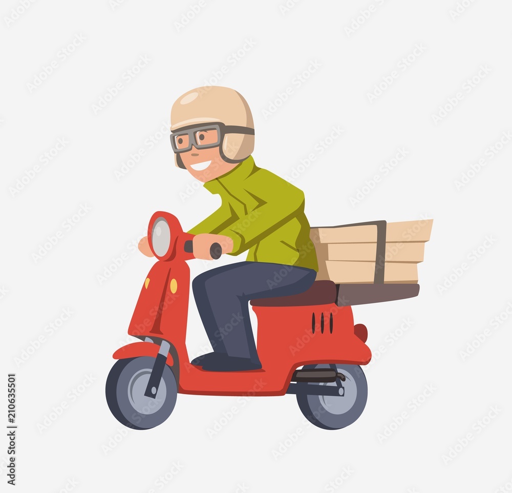 Pizza delivery guy on scooter. Smiling courier with boxes on motorbike. Isolated cartoon character on white background. Flat vector illustration.