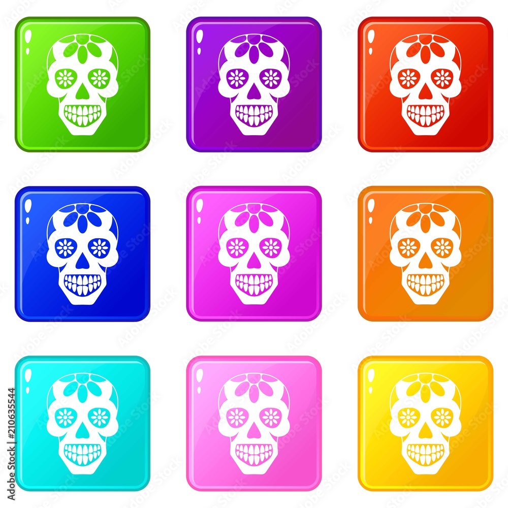 Sugar skull, flowers on the skull icons of 9 color set isolated vector illustration Sugar skull, flowers on the skull icons of 9 color set isolated vector illustration