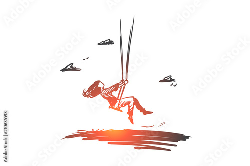 Girl, swing, childhood, fun, play concept. Hand drawn isolated vector.