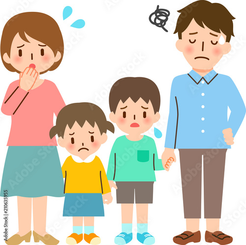 困った表情の若い４人家族