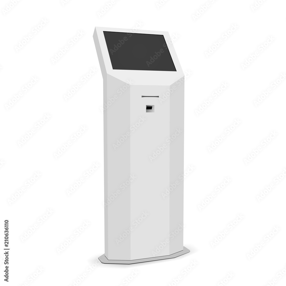 Payment terminal mockup - right side view. Digital kiosk with blank screen isolated on white background. Vector illustration Payment terminal mockup - right side view. Digital kiosk with blank screen isolated on white background. Vector illustration
