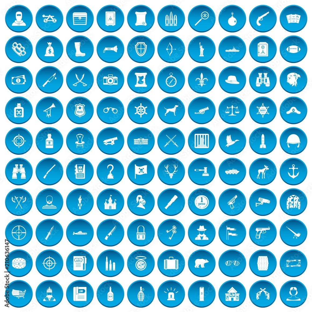 100 guns icons set in blue circle isolated on white vector illustration 100 guns icons set in blue circle isolated on white vector illustration