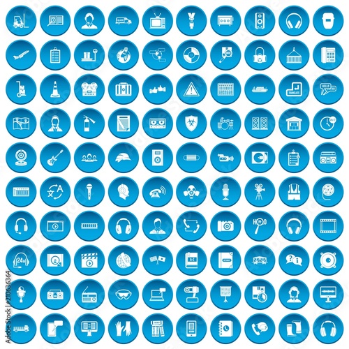 100 headphones icons set in blue circle isolated on white vector illustration