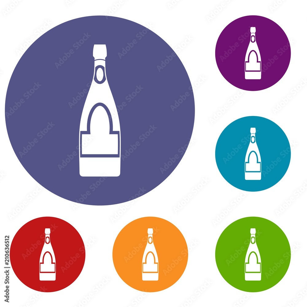 Champagne bottle icons set in flat circle red, blue and green color for web Champagne bottle icons set in flat circle red, blue and green color for web