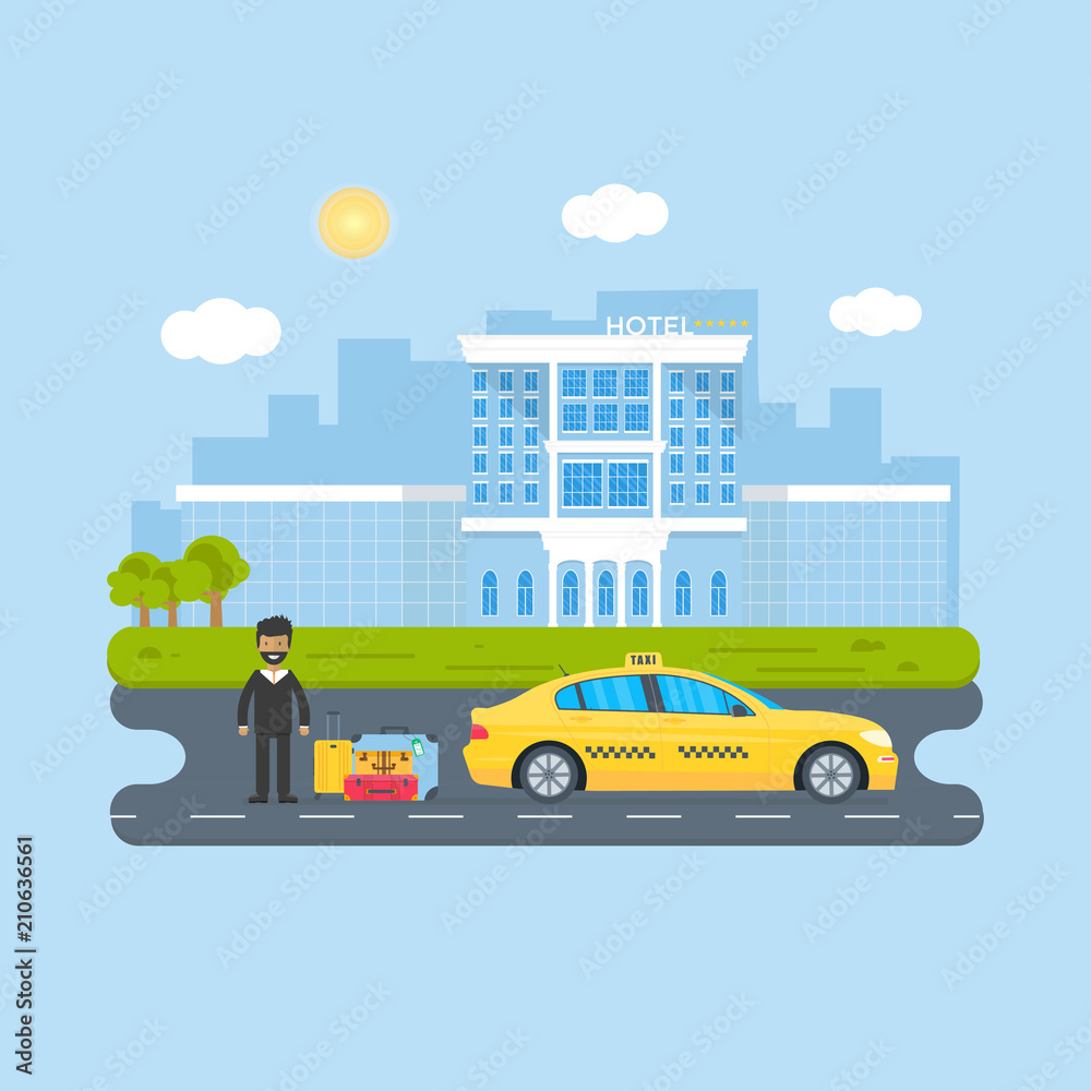 Banner with the machine yellow cab in the city. Public taxi service concept. Banner with the machine yellow cab in the city. Public taxi service concept.