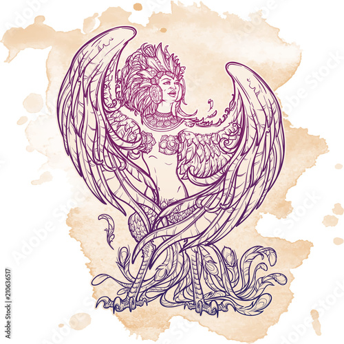 Sirin - half-woman half-bird in Russian myths and fairy tales. Singing and laughing. Intricate linear drawing isolated on grunge background. Tattoo design. EPS10 vector drawing.
