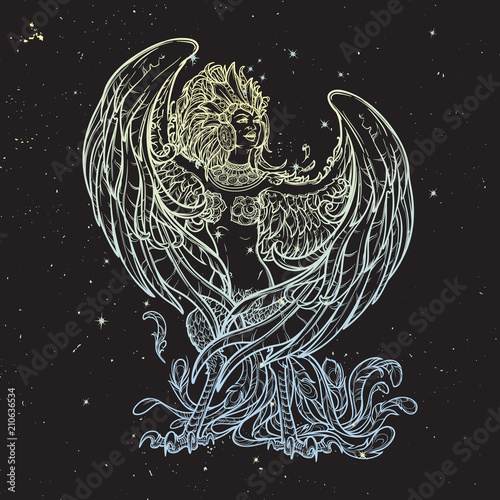Sirin - half-woman half-bird in Russian myths and fairy tales. Singing and laughing. Intricate linear drawing isolated night sky background. Tattoo design. EPS10 vector drawing.