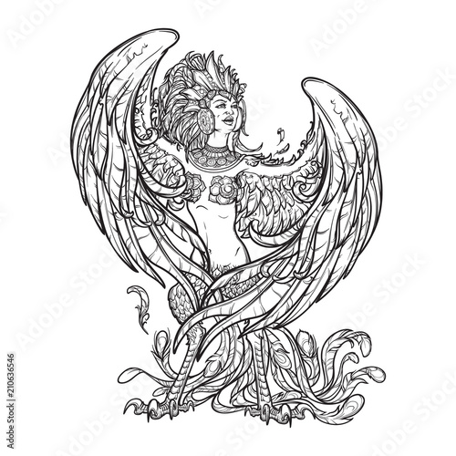 Sirin - half-woman half-bird in Russian myths and fairy tales. Singing and laughing. Intricate linear drawing isolated on white background. Tattoo design. EPS10 vector drawing.