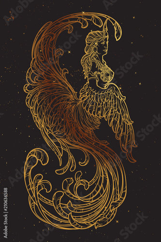 Gamayun - half-woman half-bird prophetic creature in Russian myths and fairy tales. Intricate linear drawing isolated on black background with golden stars. Tattoo design. EPS10 vector drawing. photo