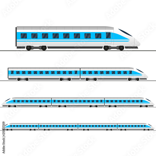 Train. Modern passenger express trains. Railway carriage. Railroad wagons. Vector illustration.