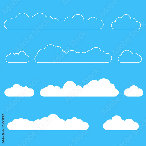 Clouds icon set. Different cloud shapes isolated on the blue sky background. Vector illustration.