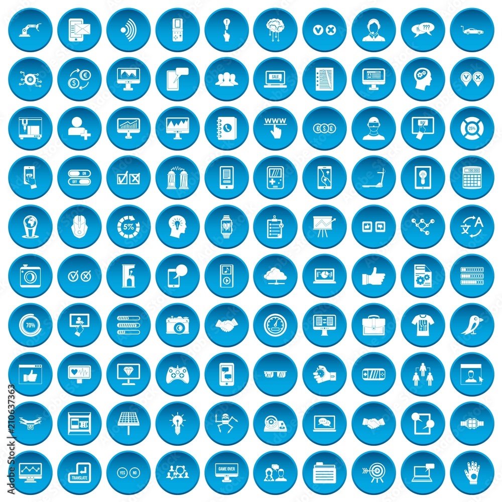 100 interface icons set in blue circle isolated on white vector illustration