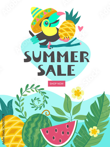 Summer sale. Bright colorful advertising poster. Cheerful Toucan, tropical leaves and fruit. Illustration in cartoon style.