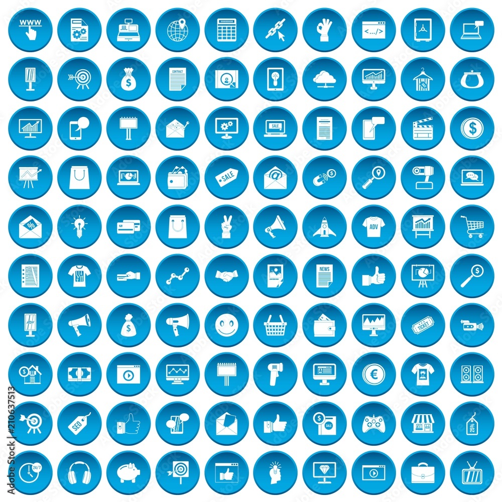100 internet marketing icons set in blue circle isolated on white vector illustration 100 internet marketing icons set in blue circle isolated on white vector illustration