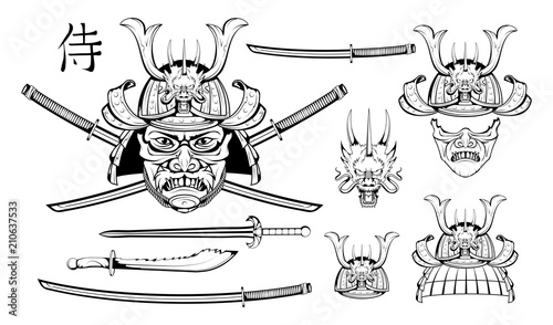 Set of different elements of samurai design - samurai mask, helmet, Japanese sword, katana sword, skull. Mask of a samurai warrior with a sword. Vector graphics to design.