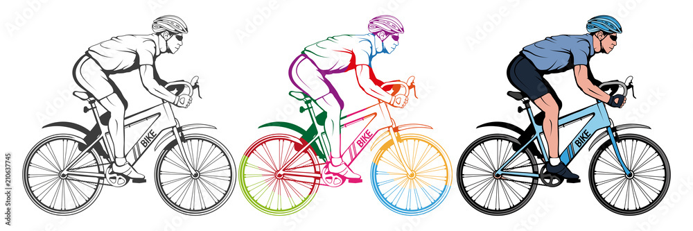 Naklejka premium Set of various cycling elements. Cyclist on a bicycle. Sports bike. Bicycle helmet. Man riding a bike. Vector graphics to design.