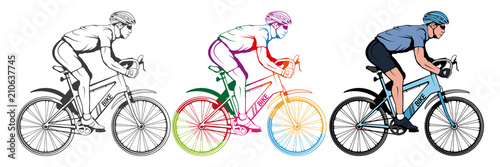 Set of various cycling elements. Cyclist on a bicycle. Sports bike. Bicycle helmet. Man riding a bike. Vector graphics to design.