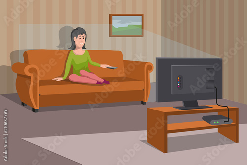 Women watching TV on sofa. Evening watching television series. Interior of the room with TV and people sitting on the couch. Vector graphics to design.