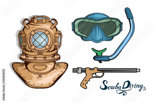 Set for design on diving. Scuba diving logo. Diver with scuba . Scuba-diving helmet. Vector graphics to design.