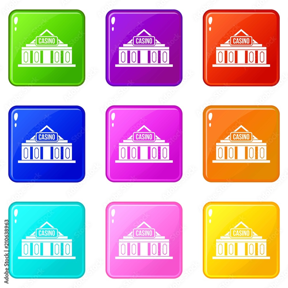 Casino building icons of 9 color set isolated vector illustration