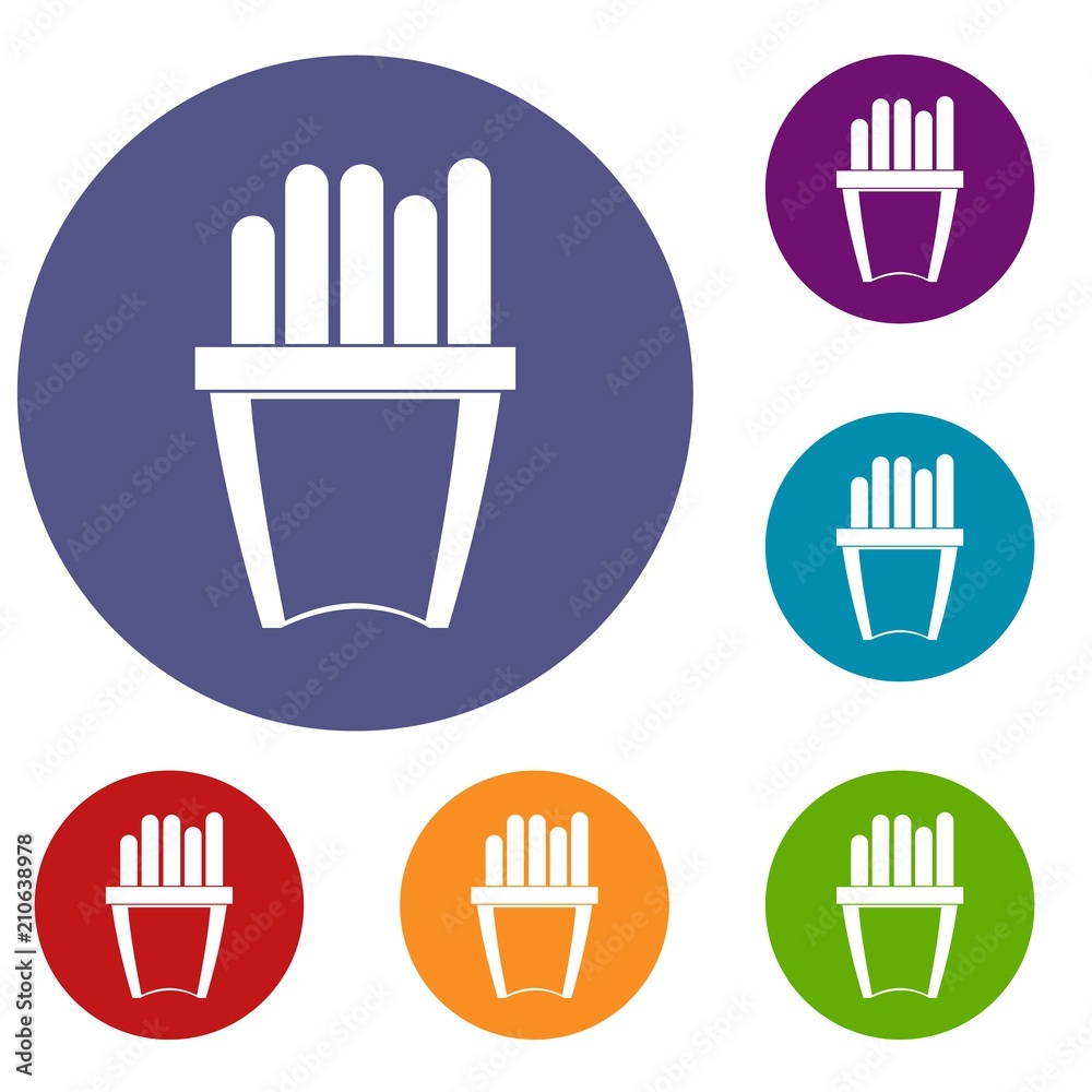 Portion of french fries icons set in flat circle red, blue and green color for web Portion of french fries icons set in flat circle red, blue and green color for web