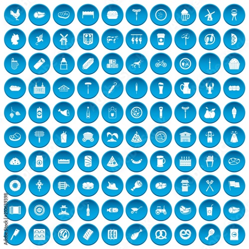 100 meat icons set in blue circle isolated on white vector illustration