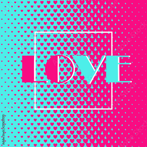 Square abstract background with halftone pattern in neon colors. Gradient texture made of heart shapes. Design template of flyer, banner, cover, poster. Vector illustration.
