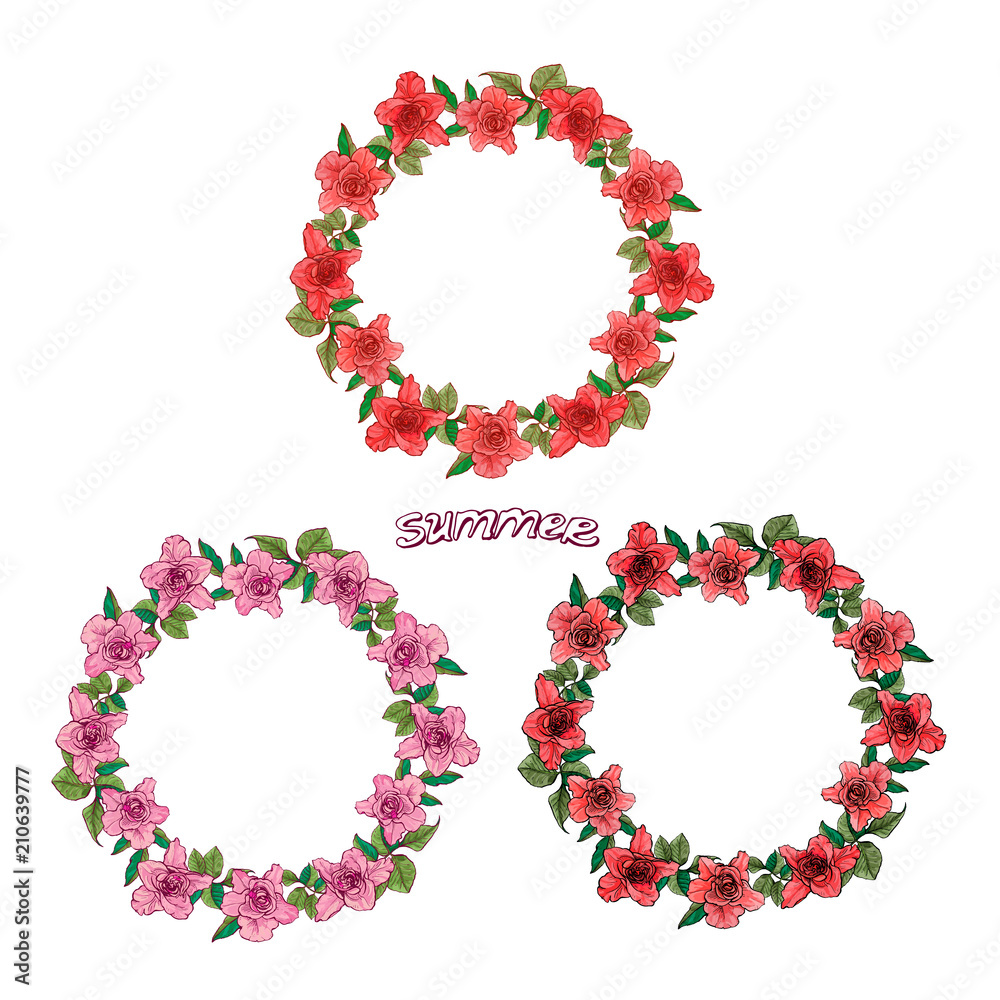 Set of round rose wreath frames for greeting text, vector illustration.