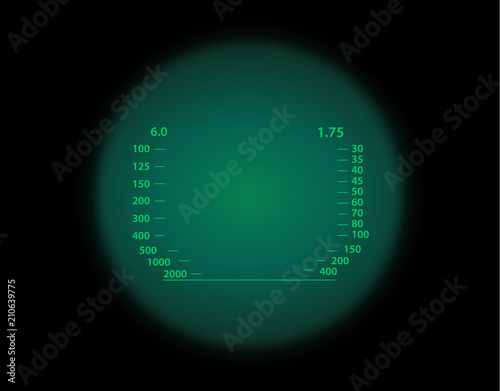 View through the optical sight. Night vision style.
