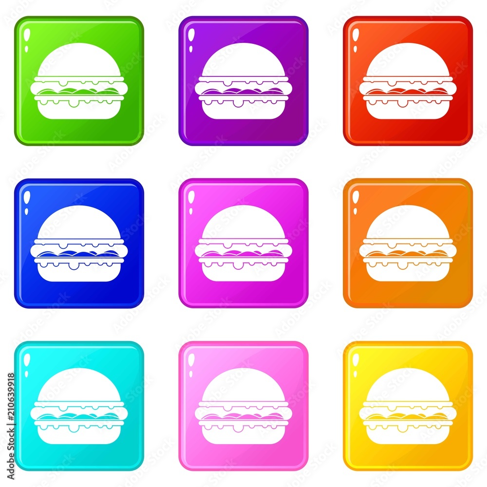 Burger icons of 9 color set isolated vector illustration