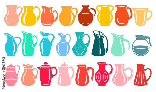 Jug milk or water canister icon set. Coloful illustration in flat style.