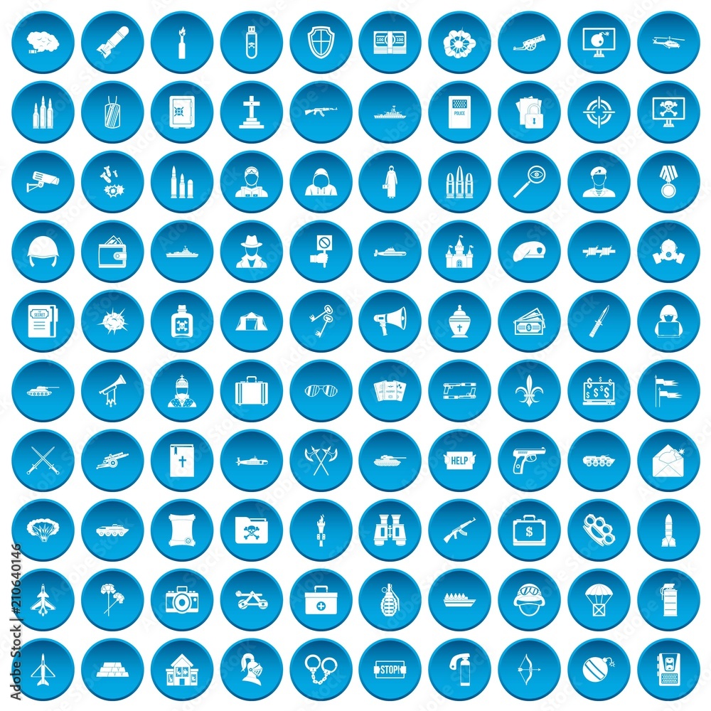 100 military icons set in blue circle isolated on white vector illustration 100 military icons set in blue circle isolated on white vector illustration