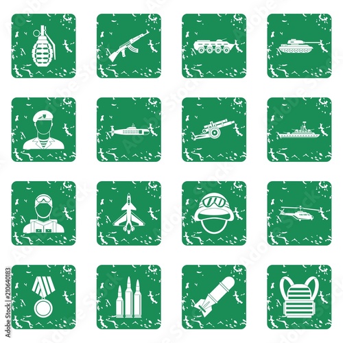 War icons set in grunge style green isolated vector illustration