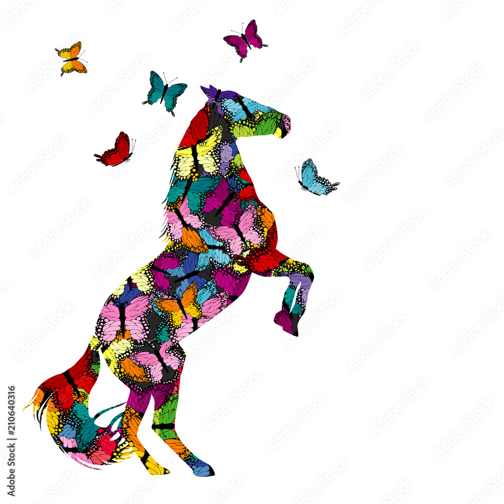 Kolorowa ilustracja z wzorzystym koniem i motylami