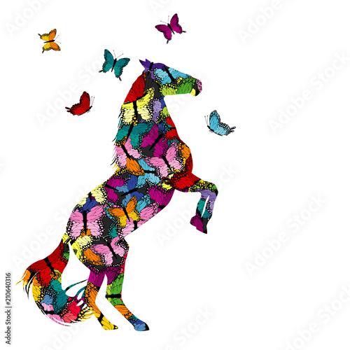 Fototapeta Kolorowa ilustracja z wzorzystym koniem i motylami