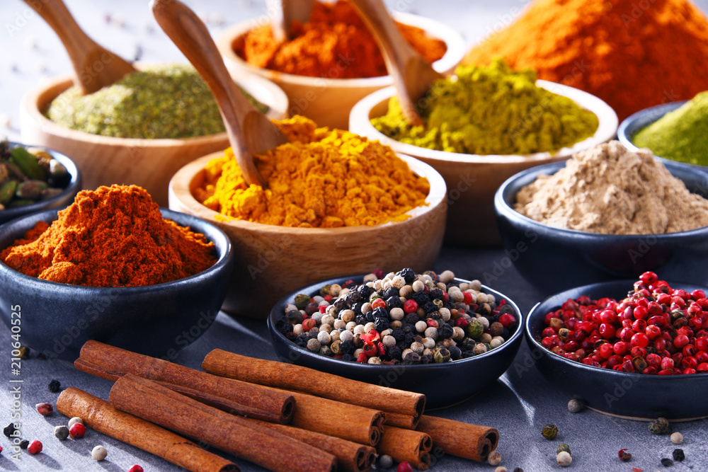 Variety of spices on kitchen table