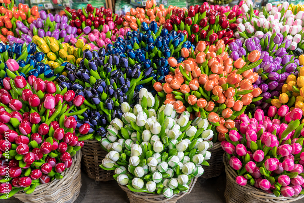 Group of colorful wooden tulips