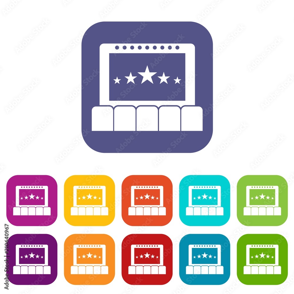 Cinema icons set vector illustration in flat style in colors red, blue, green, and other