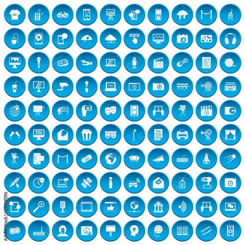 100 multimedia icons set in blue circle isolated on white vector illustration