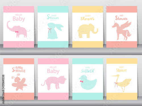  Set of baby shower invitations on paper cards, poster, greeting, template, animals,elephants,rabbit,unicorn,cats,birds,cats,Vector illustrations