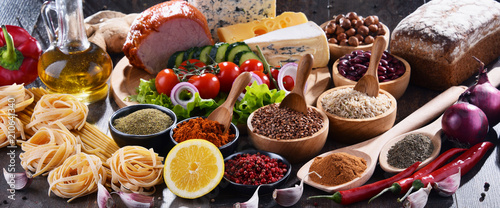 Composition with assorted organic food products on the table