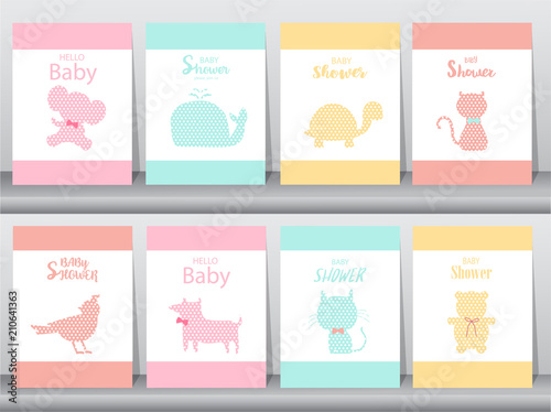  Set of baby shower invitations on paper cards, poster, greeting, template, animals,whale,birds,cats,bear, Vector illustrations