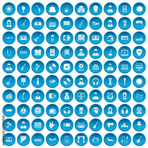 100 music icons set in blue circle isolated on white vector illustration