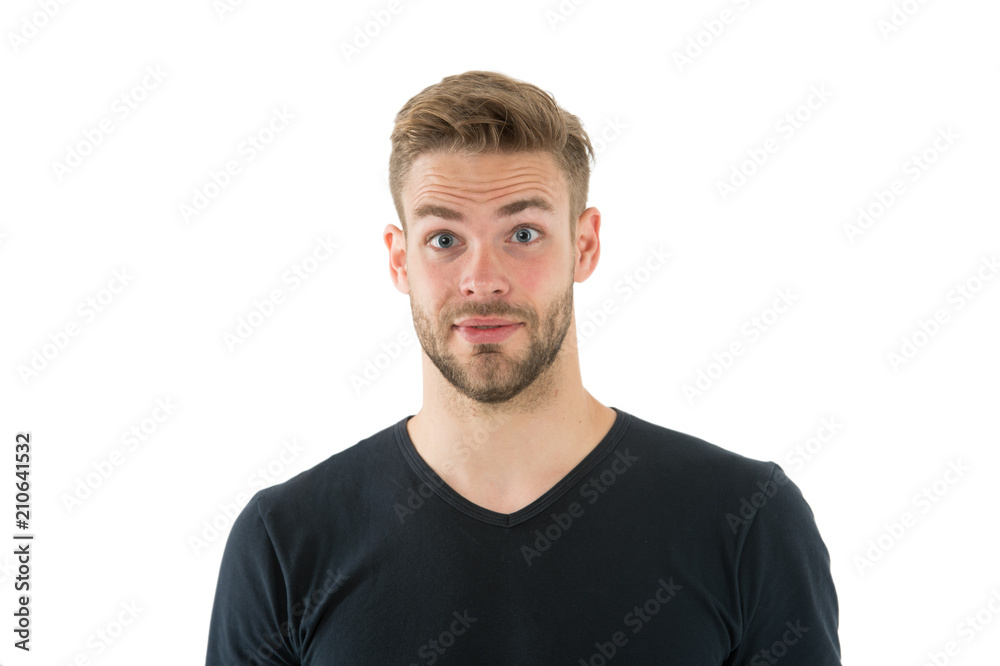 I did not expect that. Man with bristle surprised face isolated white background. Pleasant surprise concept. Man with beard unshaven guy looks handsome good mood. Guy happy surprised I did not expect that. Man with bristle surprised face isolated white background. Pleasant surprise concept. Man with beard unshaven guy looks handsome good mood. Guy happy surprised